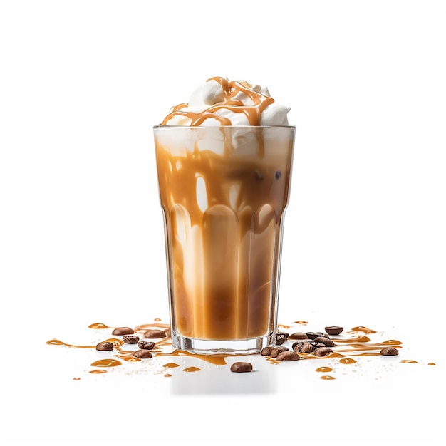 Iced Coffee Indulgence Cream Pouring on White Isolated Background