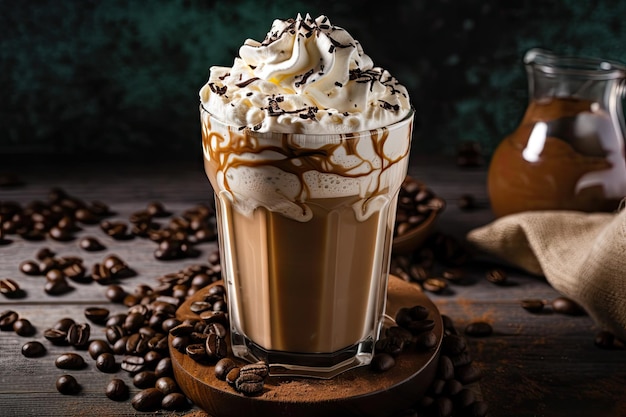 Iced coffee latte topped with whipped cream and chocolate shavings created with generative ai