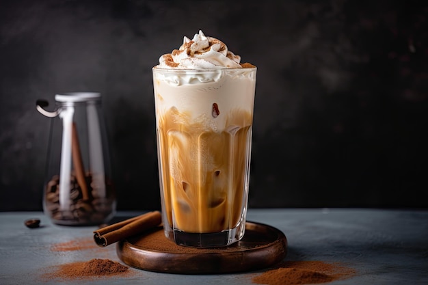 Iced coffee latte with a dusting of cinnamon and whipped cream on top created with generative ai