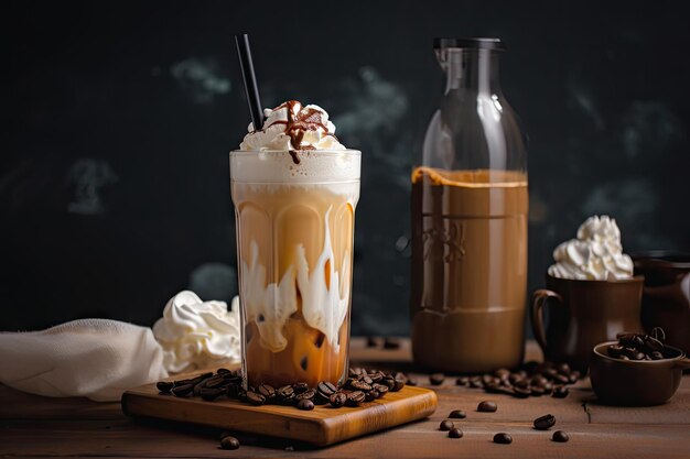 Iced coffee latte with extra foamy milk and chocolate syrup drizzle created with generative ai