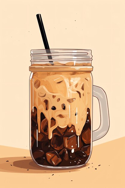 Iced coffee in a mason jar ad with copy space on beige background