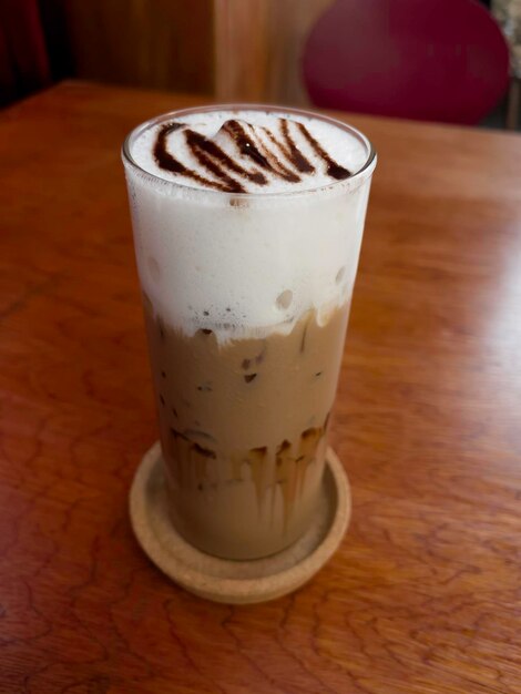 Iced coffee mocha on wooden table