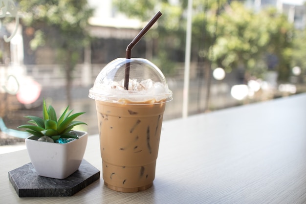 Iced coffee Placed on a wooden table