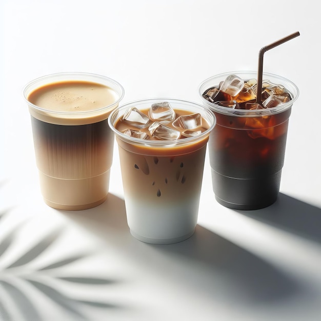  잎 의 그림자 를 가진  바탕 에 있는 플라스틱 컵 에 인 얼음 커피