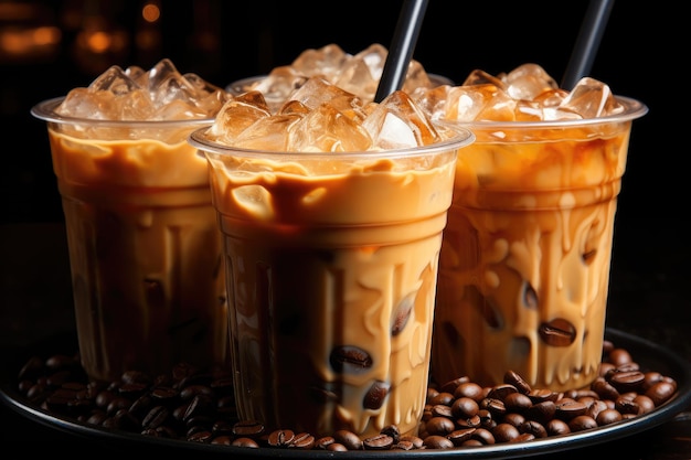 食べ物の写真を宣伝するストロー付きのプラスチックカップに入ったアイスコーヒー