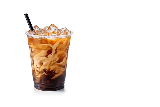 Iced coffee in plastic takeaway glass isolated on white background with copy space