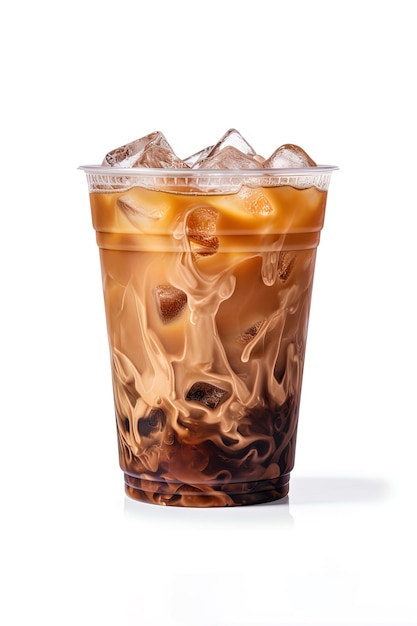 Iced coffee in plastic takeaway glass isolated on white background