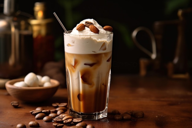 Iced coffee in a tall glass topped with cream