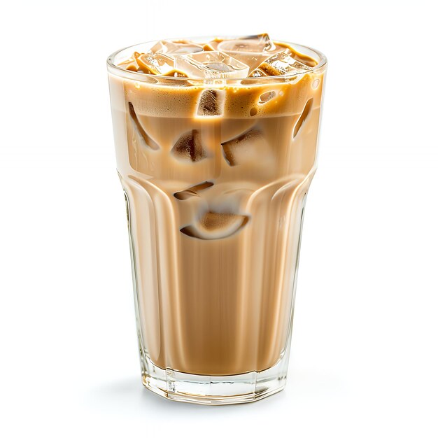 iced coffee in a tall glass with ice cubes isolated on white background