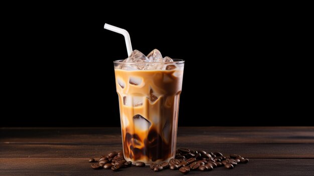 Iced coffee with coffee beans on wooden table and black background