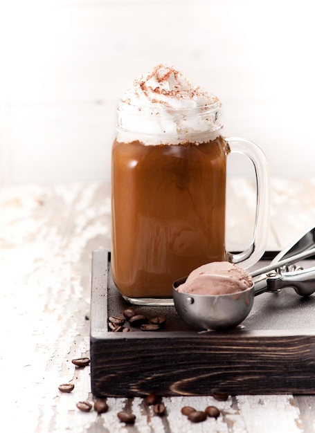 Iced coffee with cream and chocolate ice cream