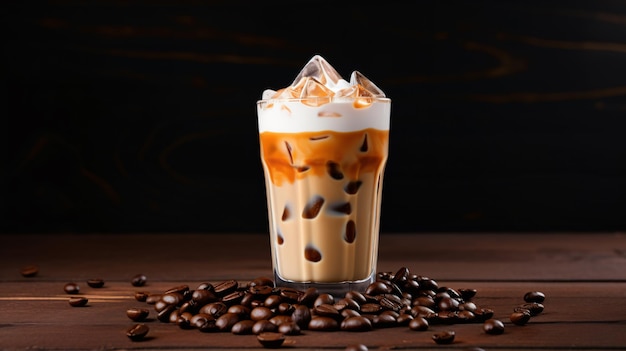 Iced coffee with cream and coffee beans on a dark