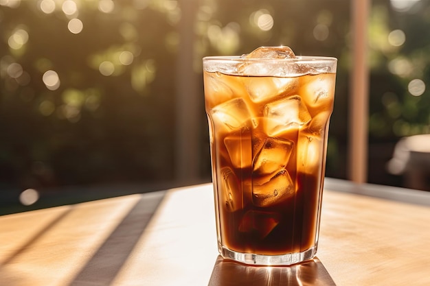 Iced coffee with cream milk served in a glass Cold brew with ice Morning sunlight Empty area for cop