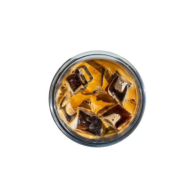 Iced coffee with ice cubes in a glass isolated on white background