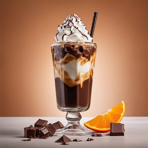 Iced coffee with pieces of orange whipped cream cold drink