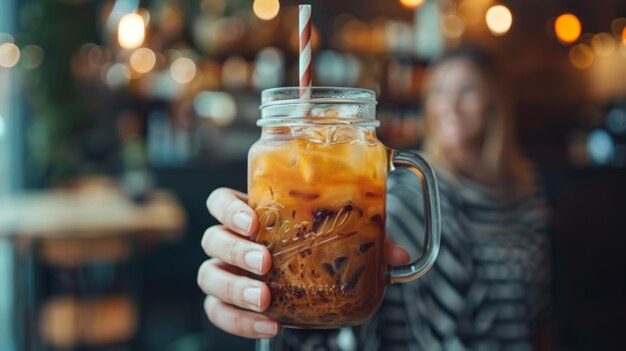 Iced coffee with whipped cream in a glass cup in a cafe