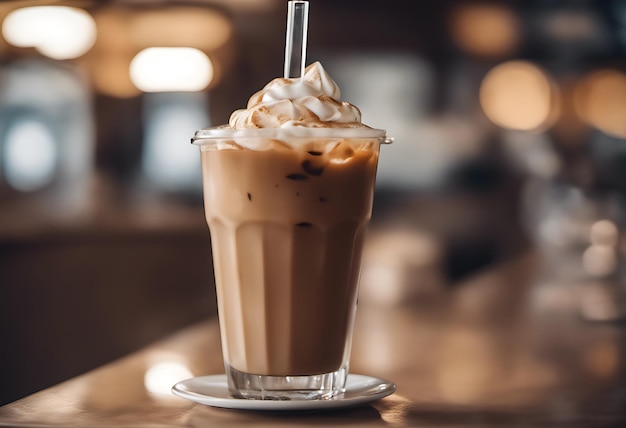 Iced coffee with whipped cream in a glass on the table