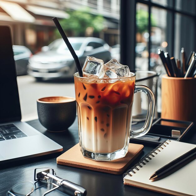 Iced coffee on wood table with laptop notebook and calculator