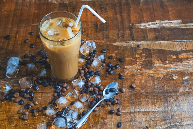 iced coffee on wooden Table