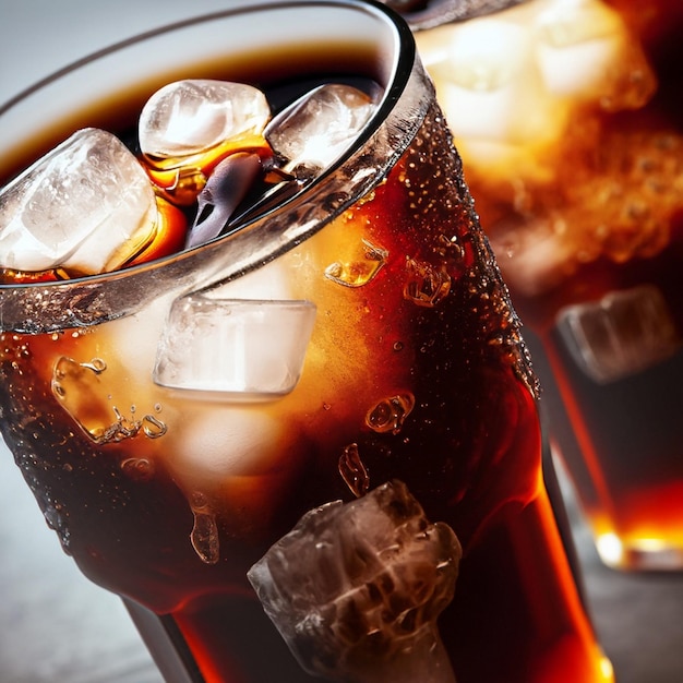 Iced cola drink in a glass cup Pieces of ice