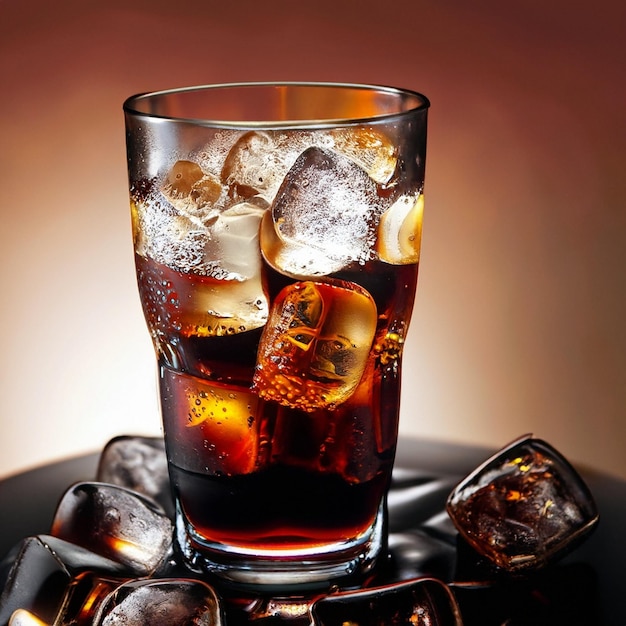 Iced cola drink in a glass cup Pieces of ice