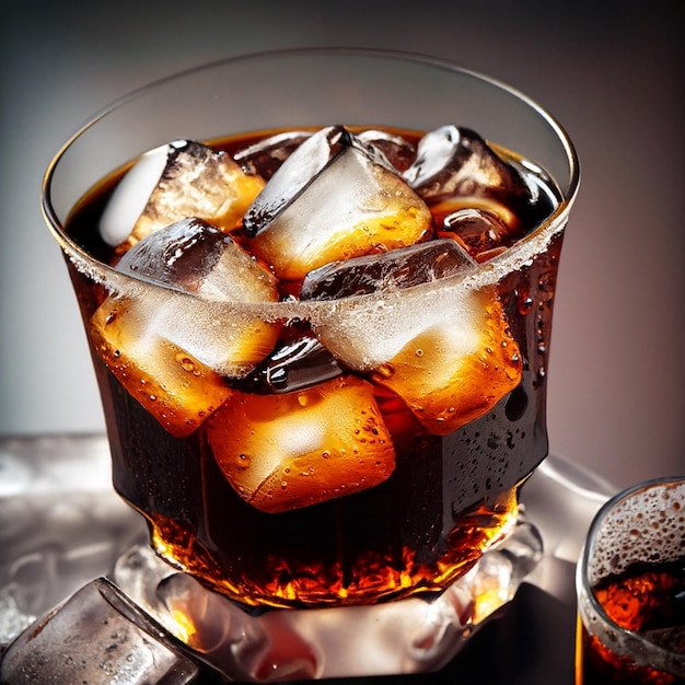 Iced cola drink in a glass cup Pieces of ice