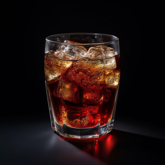 Photo iced cola drink in a glass cup pieces of ice