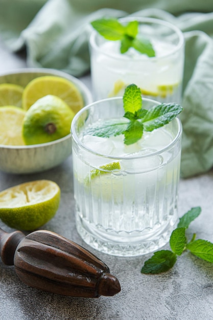 Iced cold lemonade with fresh lime and juice