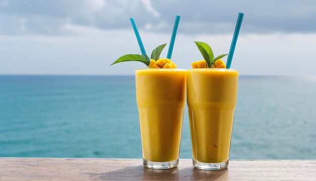 Iced drinking glass with mango smoothies and sea ocean view