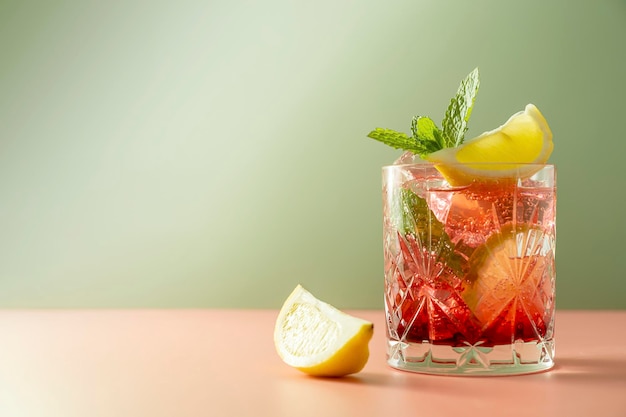 iced fruit tea or cold berry drink in glass with fresh mint leaves refreshing summer drink colorful pink and green background