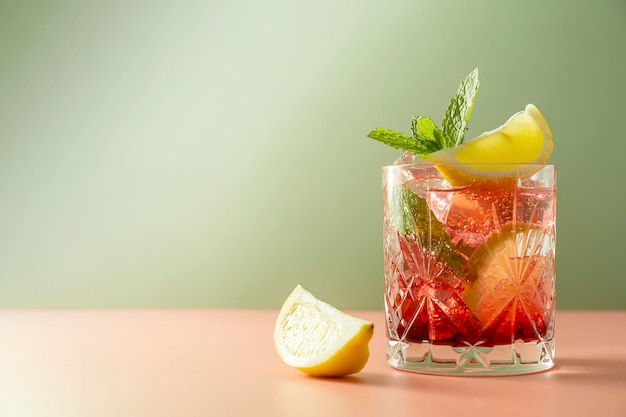 Iced fruit tea or cold berry drink in glass with fresh mint leaves Refreshing summer drink Colorful pink and green background