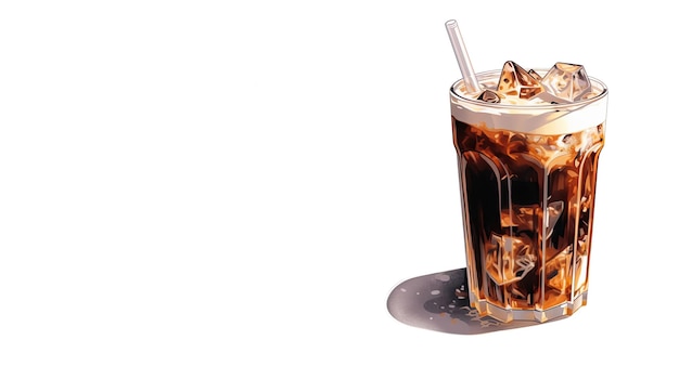 Iced Greek coffee frappe with ice cubes on white background Cold coffee sketch with copy space AI generated