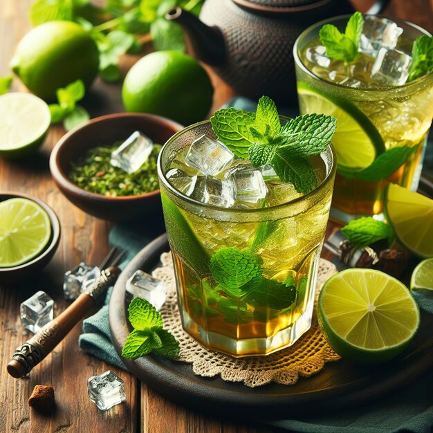 Iced green tea with lime and fresh mint