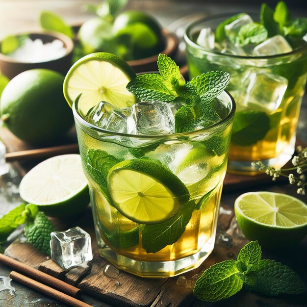 Iced green tea with lime and fresh mint