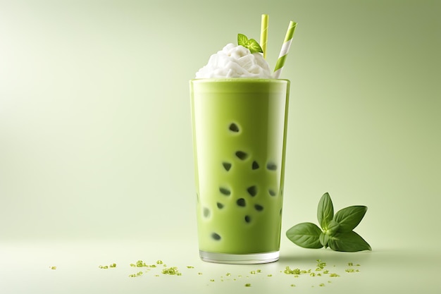 Зеленый чай со льдом и молоком в стакане