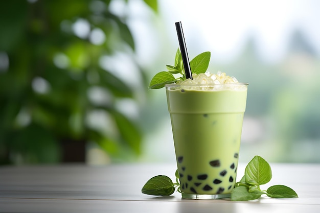 Зеленый чай со льдом и молоком в стакане