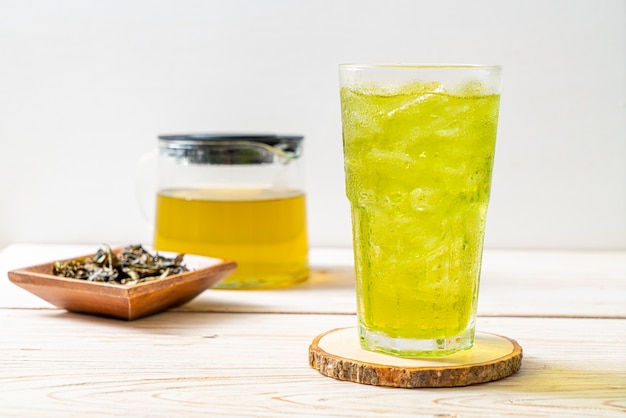 iced Japanese green tea on wood