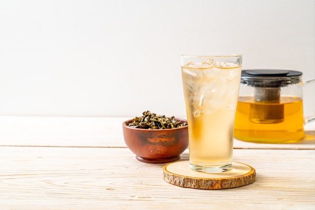 iced jasmine tea on wood surface