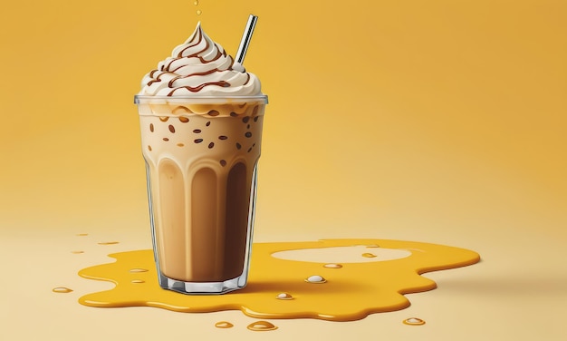 Iced latte coffee on yellow background