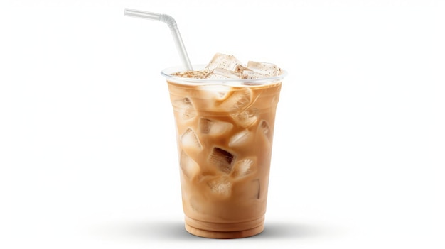 Iced latte koffie op plastic glas en tubesucking geïsoleerde witte achtergrond zomer drank concept