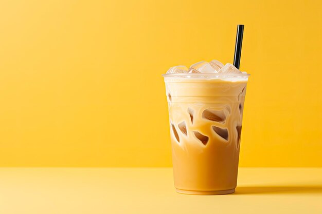 Foto iced latte op gele achtergrond