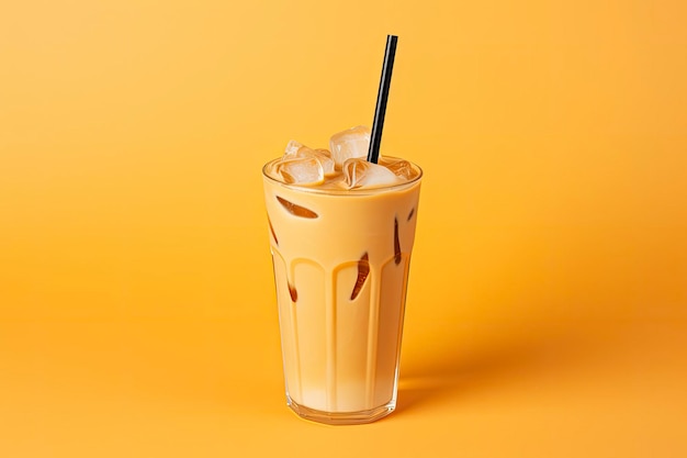 Iced latte on yellow background