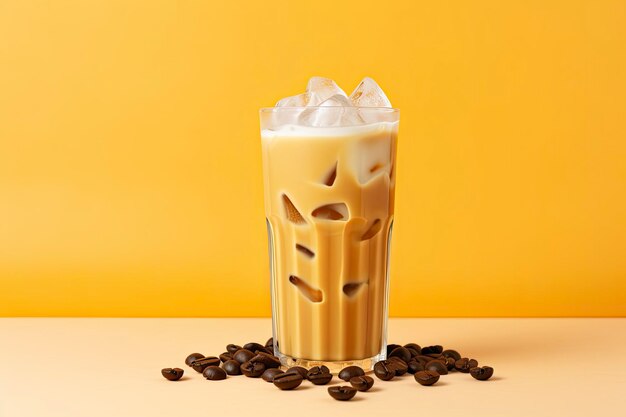 Iced latte on yellow background