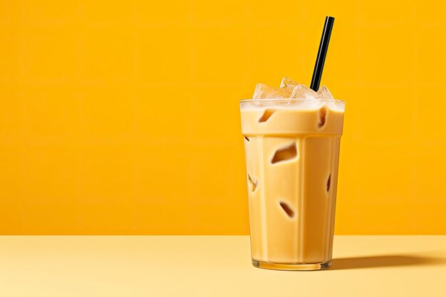 Iced latte on yellow background