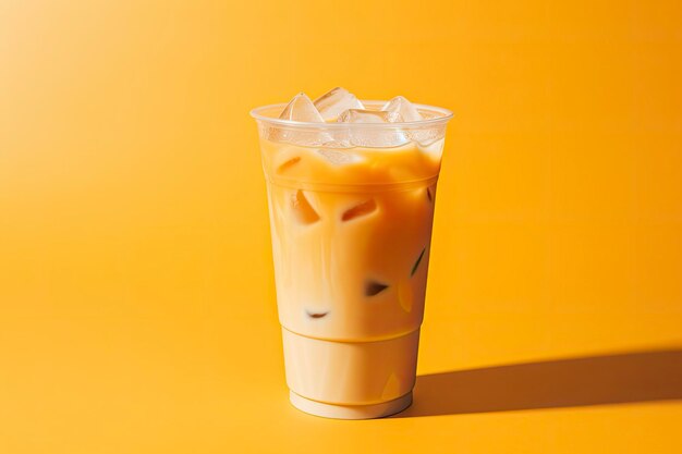 Iced latte on yellow background