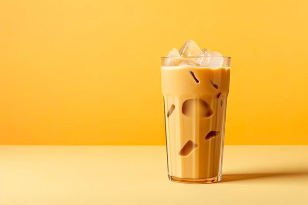 Iced latte on yellow background