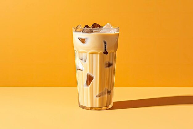 Iced latte on yellow background