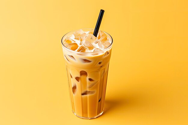 Iced latte on yellow background