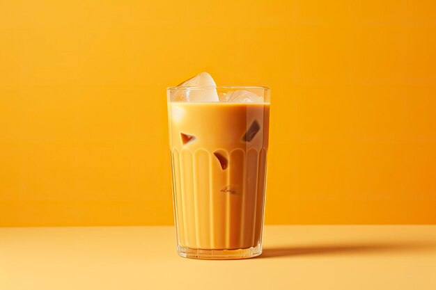 Iced latte on yellow background