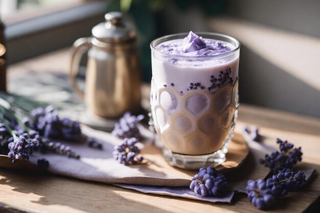 Photo iced lavender coffee latte on a wooden table